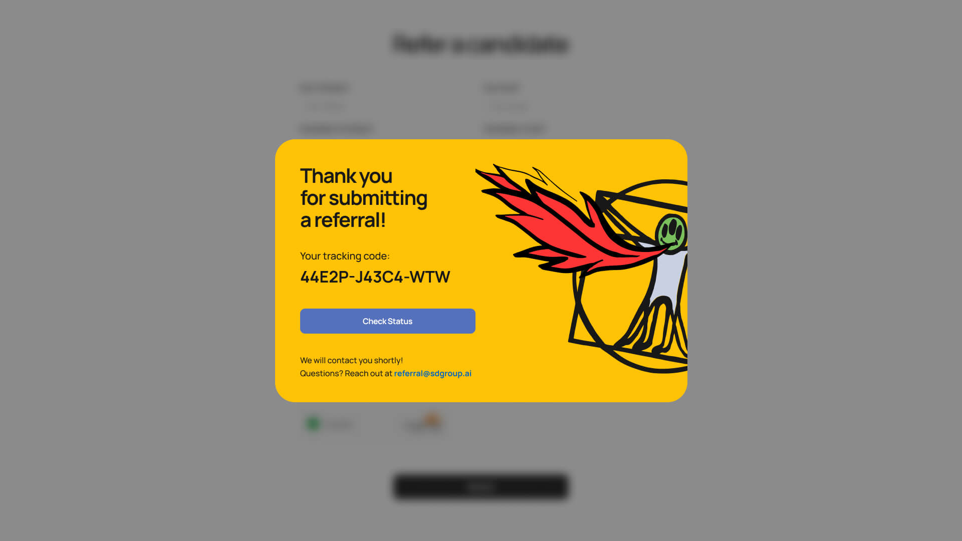 Referral confirmation popup screenshot